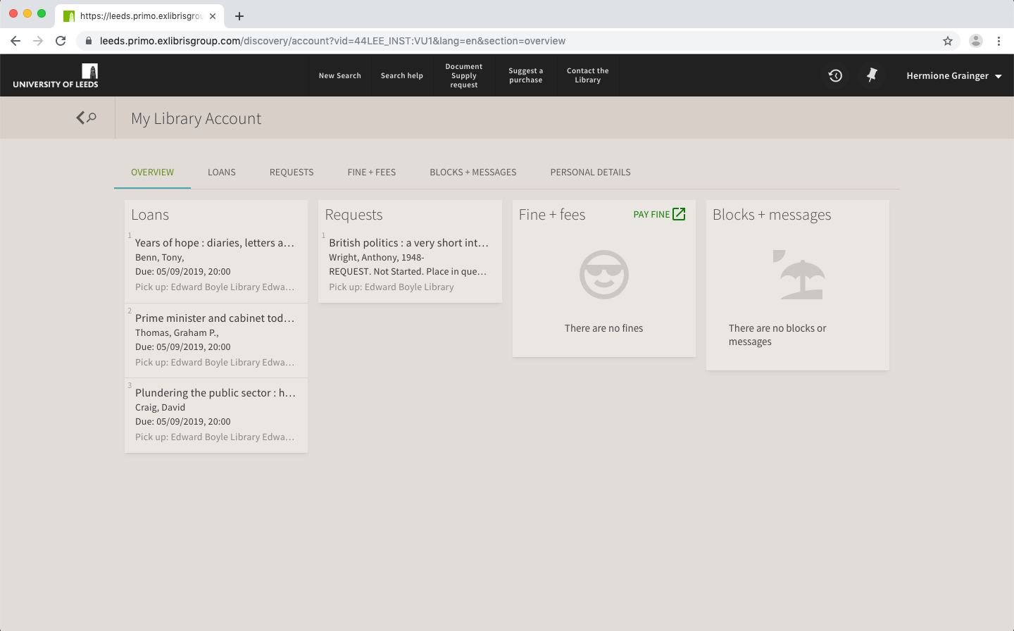 Screenshot of a user's Library account webpage