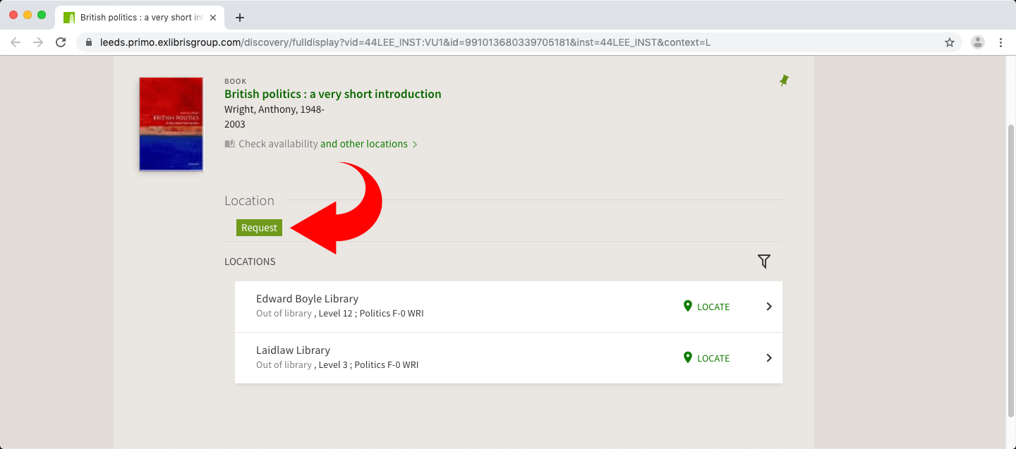 Screenshot of the Library website, showing the 'Request' link on a book record