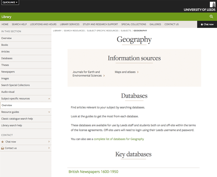 Screenshot of Library website, showing links to subject-specific resources